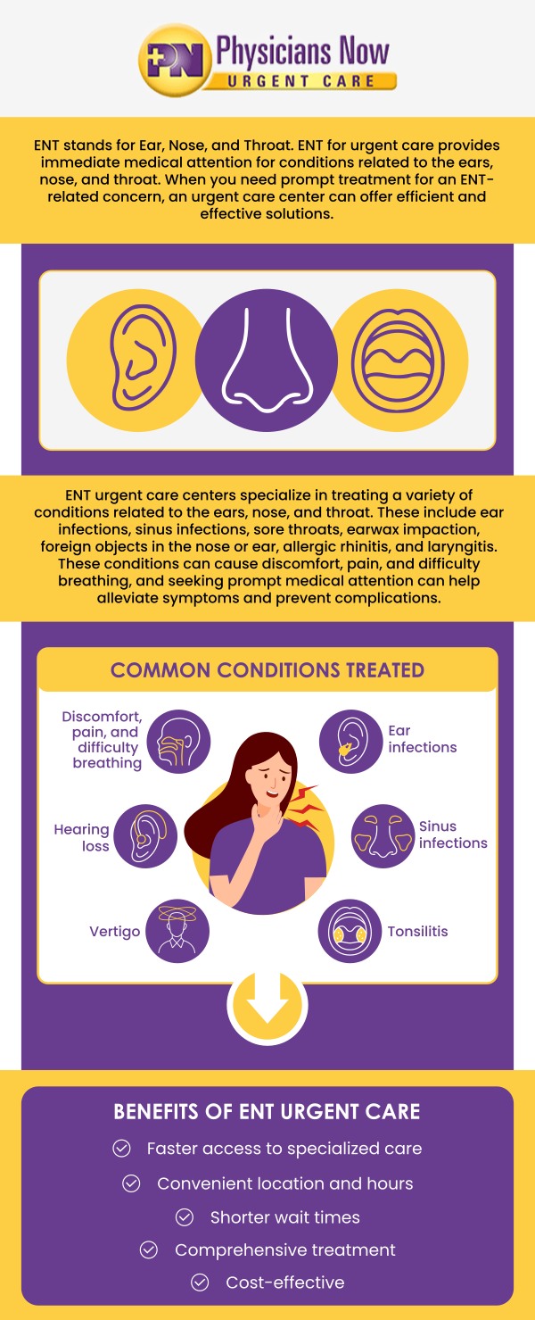 Physicians Now Urgent Care and Walk-In Clinic can treat a variety of ENT concerns, including sinusitis, ear infections, tonsilitis, and much more. Contact us today for more information or book your consultation. We are conveniently located at 15215 Shady Grove Road, Suite 100, Rockville, MD 20850. Physicians Now Urgent Care and Walk-In Clinic can treat a variety of ENT concerns, including sinusitis, ear infections, tonsilitis, and much more. Contact us today for more information or book your consultation. We are conveniently located at 15215 Shady Grove Road, Suite 100, Rockville, MD 20850.