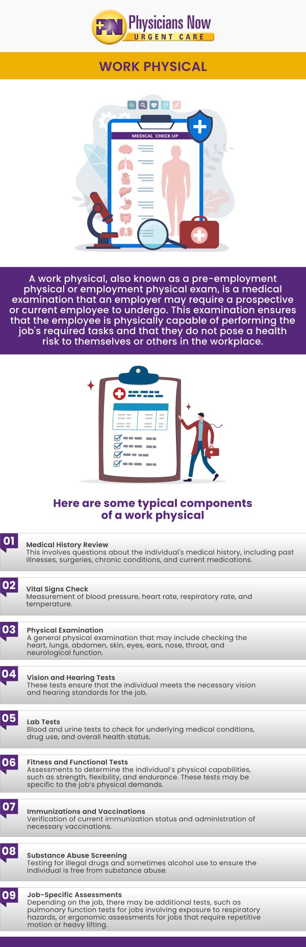 A pre-employment physical consists of basic tests such as a weight check, pulse check, blood pressure check, temperature check, and others. Pre-employment physicals are used to ensure workplace safety and protect employees and employers. Pre-employment physicals are available at Physicians Now Urgent Care and Walk-In Clinic. Book your next appointment today! Contact us for more information. We are conveniently located at 15215 Shady Grove Rd # 100, Rockville, MD 20850. A pre-employment physical consists of basic tests such as a weight check, pulse check, blood pressure check, temperature check, and others. Pre-employment physicals are used to ensure workplace safety and protect employees and employers. Pre-employment physicals are available at Physicians Now Urgent Care and Walk-In Clinic. Book your next appointment today! Contact us for more information. We are conveniently located at 15215 Shady Grove Rd # 100, Rockville, MD 20850.