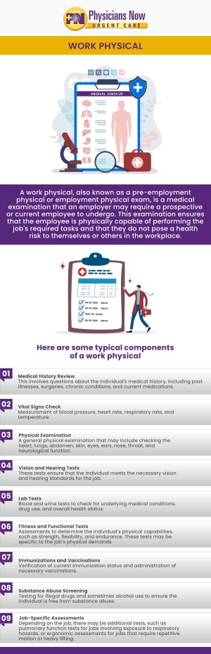 A pre-employment physical consists of basic tests such as a weight check, pulse check, blood pressure check, temperature check, and others. Pre-employment physicals are used to ensure workplace safety and protect employees and employers. Pre-employment physicals are available at Physicians Now Urgent Care and Walk-In Clinic. Book your next appointment today! Contact us for more information. We are conveniently located at 15215 Shady Grove Rd # 100, Rockville, MD 20850. A pre-employment physical consists of basic tests such as a weight check, pulse check, blood pressure check, temperature check, and others. Pre-employment physicals are used to ensure workplace safety and protect employees and employers. Pre-employment physicals are available at Physicians Now Urgent Care and Walk-In Clinic. Book your next appointment today! Contact us for more information. We are conveniently located at 15215 Shady Grove Rd # 100, Rockville, MD 20850.