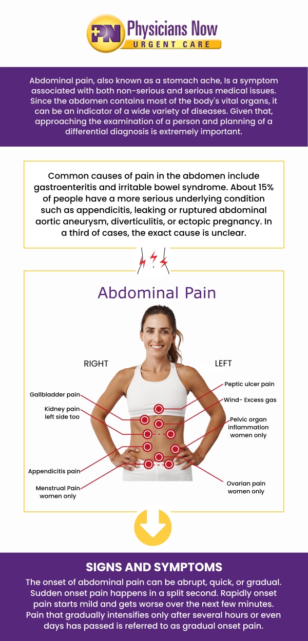 If you're experiencing abdominal pain, Physicians Now Urgent Care in Rockville, MD, offers fast, reliable treatment to help diagnose and manage your symptoms. Led by Dr. Chinedum Olisemeka, DO, our urgent care clinic provides compassionate care for various types of abdominal pain, including those caused by indigestion, minor injuries, or gastrointestinal issues. Our team works efficiently to assess your condition, provide targeted treatment, and offer advice for managing your symptoms. Contact us today for more information or book an appointment online. We are conveniently located at 15215 Shady Grove Rd., Suite 100, Rockville, MD 20850.