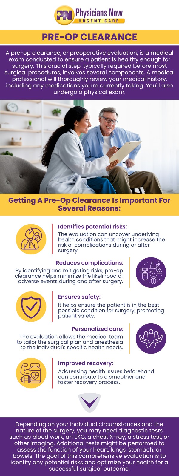 Common questions asked by patients: What is pre-op clearance? Why is pre-op clearance necessary? Who needs pre-op clearance? What tests are included in pre-op clearance? How long does pre-op clearance take? Where can pre-op clearance be done in Rockville, MD? At Physicians Now Urgent Care, Dr. Chinedum Olisemeka, DO, provides comprehensive pre-op clearance services in Rockville, MD. Pre-op clearance is a medical evaluation performed before surgery to assess a patient’s health and ensure they are fit for the procedure. For more information, contact us or schedule an appointment online. Our urgent care is conveniently located at 15215 Shady Grove Rd., Suite 100, Rockville, MD 20850. We serve patients from Rockville MD, Travilah MD, Lone Oak MD, Colesville Park MD, Redland MD, Darnestown MD, Anscroft MD, and Wheaton-Glenmont MD. Common questions asked by patients: What is pre-op clearance? Why is pre-op clearance necessary? Who needs pre-op clearance? What tests are included in pre-op clearance? How long does pre-op clearance take? Where can pre-op clearance be done in Rockville, MD?
At Physicians Now Urgent Care, Dr. Chinedum Olisemeka, DO, provides comprehensive pre-op clearance services in Rockville, MD. Pre-op clearance is a medical evaluation performed before surgery to assess a patient’s health and ensure they are fit for the procedure. For more information, contact us or schedule an appointment online. Our urgent care is conveniently located at 15215 Shady Grove Rd., Suite 100, Rockville, MD 20850. We serve patients from Rockville MD, Travilah MD, Lone Oak MD, Colesville Park MD, Redland MD, Darnestown MD, Anscroft MD, and Wheaton-Glenmont MD.