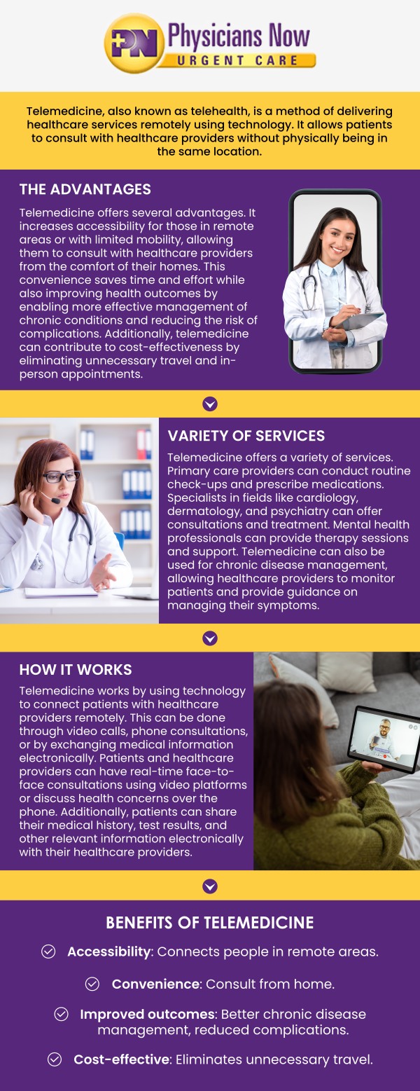 Telemedicine services are now easier than ever to access with Physicians Now Urgent Care. Dr. Chinedum Olisemeka, DO, and his team provide comprehensive telemedicine options, allowing patients to connect with healthcare professionals remotely for consultations, follow-up care, and treatment for non-emergency conditions. Whether you're managing a chronic condition or need advice for a minor health concern, telemedicine ensures you receive timely care without leaving home. Contact us today for more information. Our urgent care is conveniently located at 15215 Shady Grove Rd., Suite 100, Rockville, MD 20850.