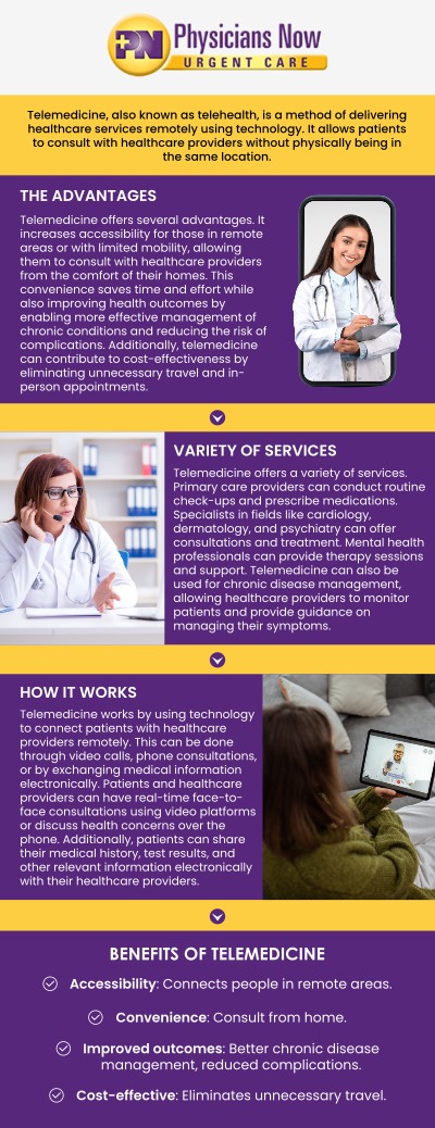 Telemedicine services are now easier than ever to access with Physicians Now Urgent Care. Dr. Chinedum Olisemeka, DO, and his team provide comprehensive telemedicine options, allowing patients to connect with healthcare professionals remotely for consultations, follow-up care, and treatment for non-emergency conditions. Whether you're managing a chronic condition or need advice for a minor health concern, telemedicine ensures you receive timely care without leaving home. Contact us today for more information. Our urgent care is conveniently located at 15215 Shady Grove Rd., Suite 100, Rockville, MD 20850.