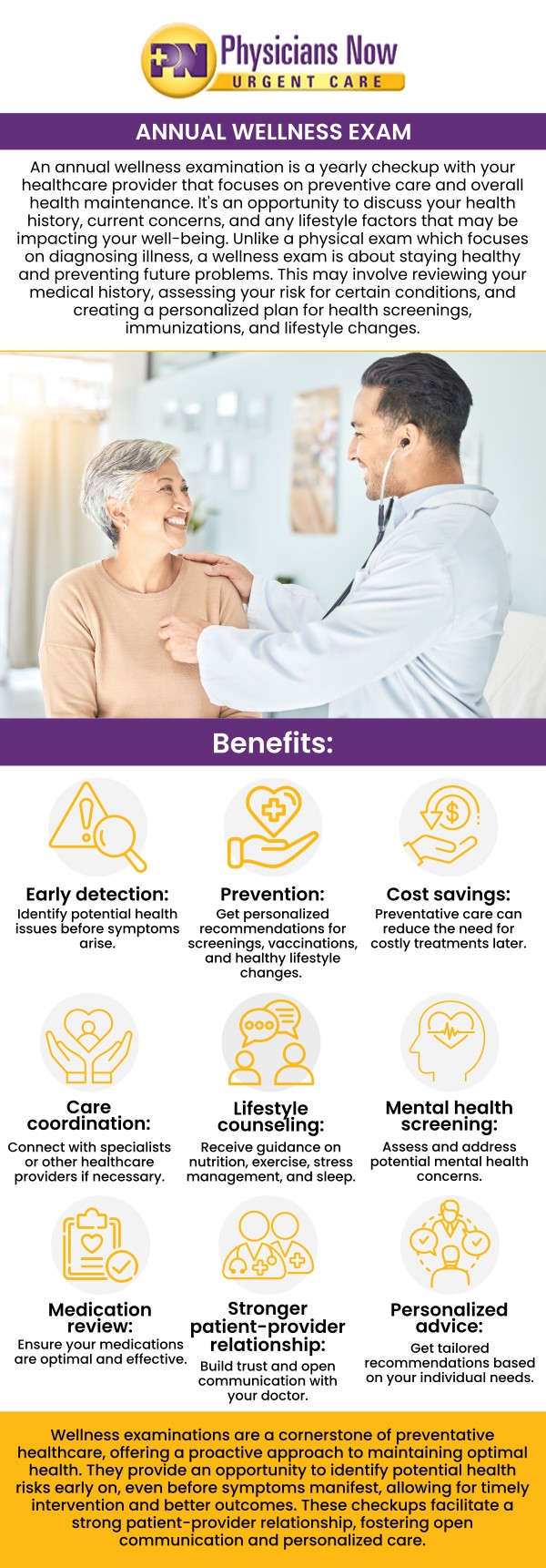 An annual exam provides an opportunity to review your overall health, discuss concerns, and identify potential health risks through preventive care. During an annual exam in Rockville, MD, patients can expect a comprehensive review of their medical history, current health goals, and lifestyle factors. At Physicians Now Urgent Care, Dr. Chinedum Olisemeka, DO, and our team provide thorough annual exams designed around each patient’s individual needs. We focus on creating a comfortable experience while helping patients stay informed about their health through preventive evaluations and personalized medical recommendations. Contact us today or book an appointment online for more information. Our urgent care is conveniently located at 15215 Shady Grove Rd., Suite 100, Rockville, MD 20850.